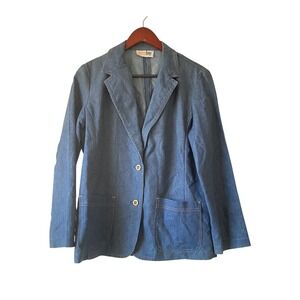 Vintage 70s Denim Blazer Jacket Blue Two Button Patch Pockets Womens